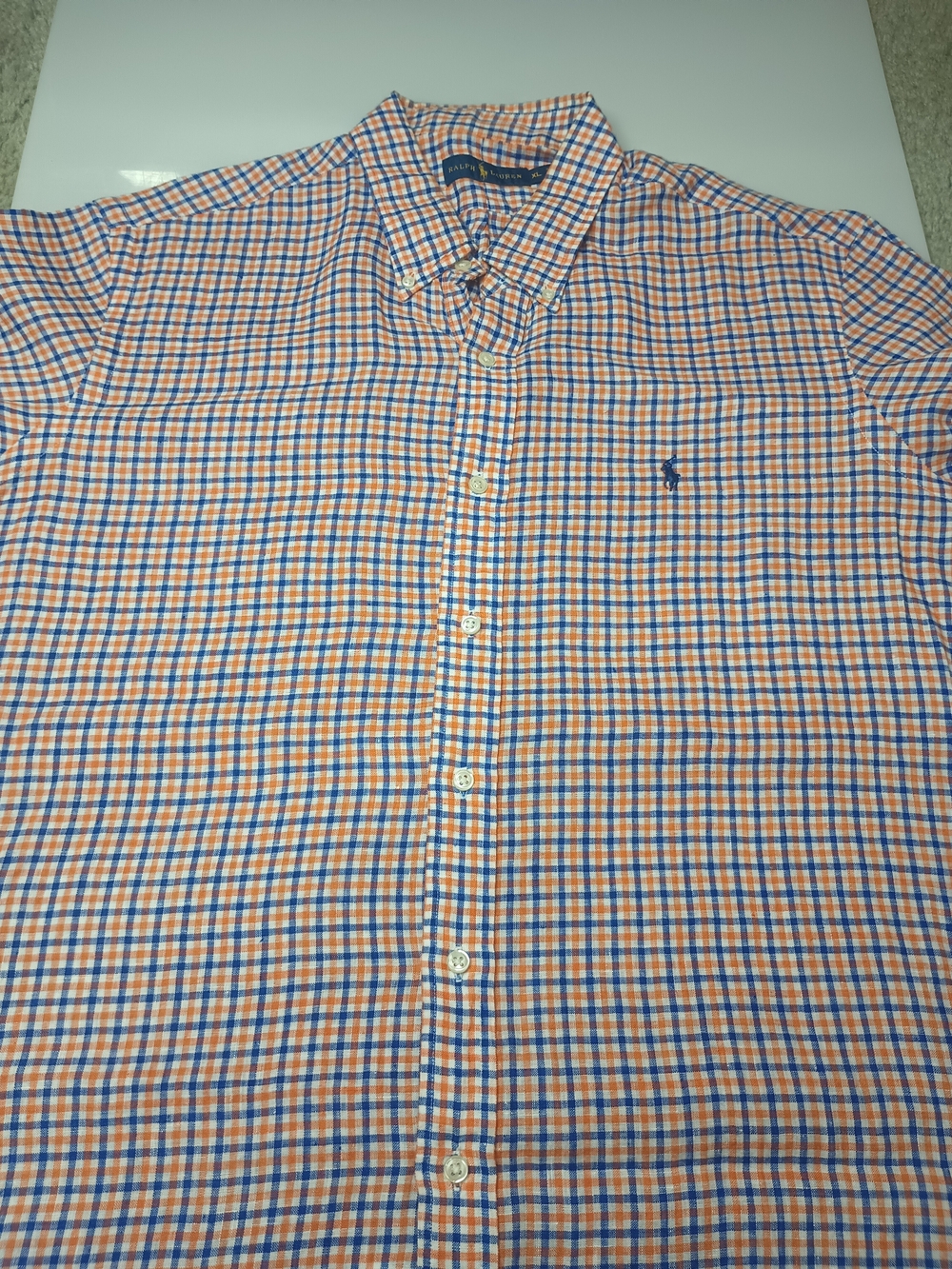 Ralph Lauren Orange and Blue Gingham Button-Down Shirt 100 % Linen. Size XL